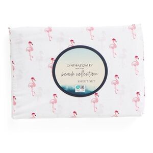Cynthia Rowley Christmas flamingo Santa sheet Set Queen NEW